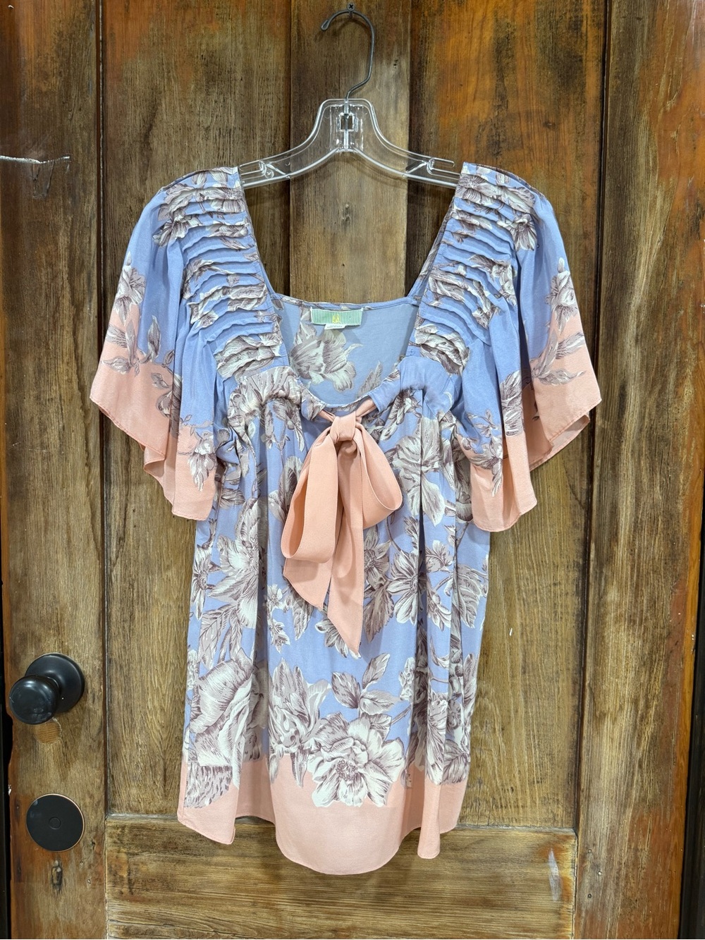 Anthropologie Blue & Blush Floral Tie-Front Flutter Sleeve Top